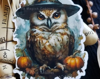 Wise Owl Witch Halloween Sticker, Art by The Magick Cabinet, Magical Stickers, Fun Samhain Witch Sticker, Permanent Stickers