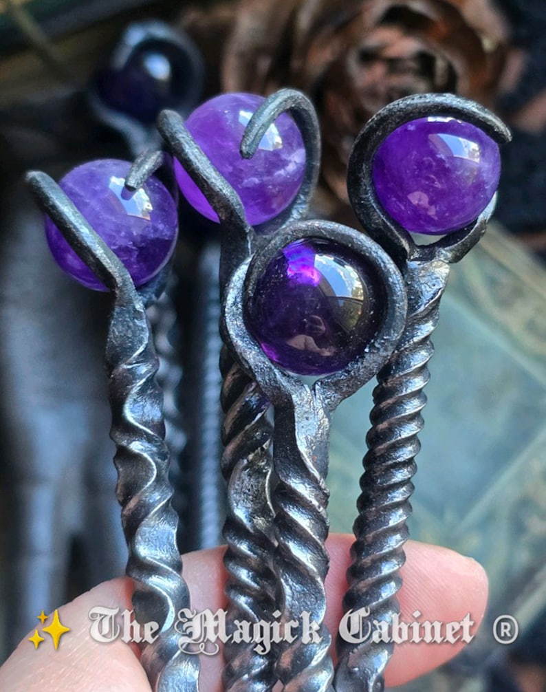 Amethyst Crystal Candle Scribe, Twisted Hand Forged Fancy Iron Witches scribe expertly crafted and unique Witchcraft Supplies for your Witch image 4