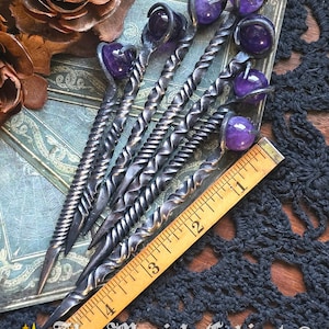 Amethyst Crystal Candle Scribe, Twisted Hand Forged Fancy Iron Witches scribe expertly crafted and unique Witchcraft Supplies for your Witch image 2