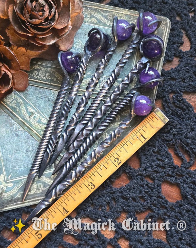 Amethyst Crystal Candle Scribe, Twisted Hand Forged Fancy Iron Witches scribe expertly crafted and unique Witchcraft Supplies for your Witch image 2