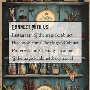 May include: A vintage wooden cabinet with multiple shelves filled with glass jars and bottles containing various herbs, spices, and other ingredients. The cabinet has a teal blue paint finish and a sign that reads "CONNECT WITH US: Instagram @themagickcabinet Facebook.com/TheMagickCabinet Pinterest.com/themagickcabinet @themagickcabinet.bsky.socal"