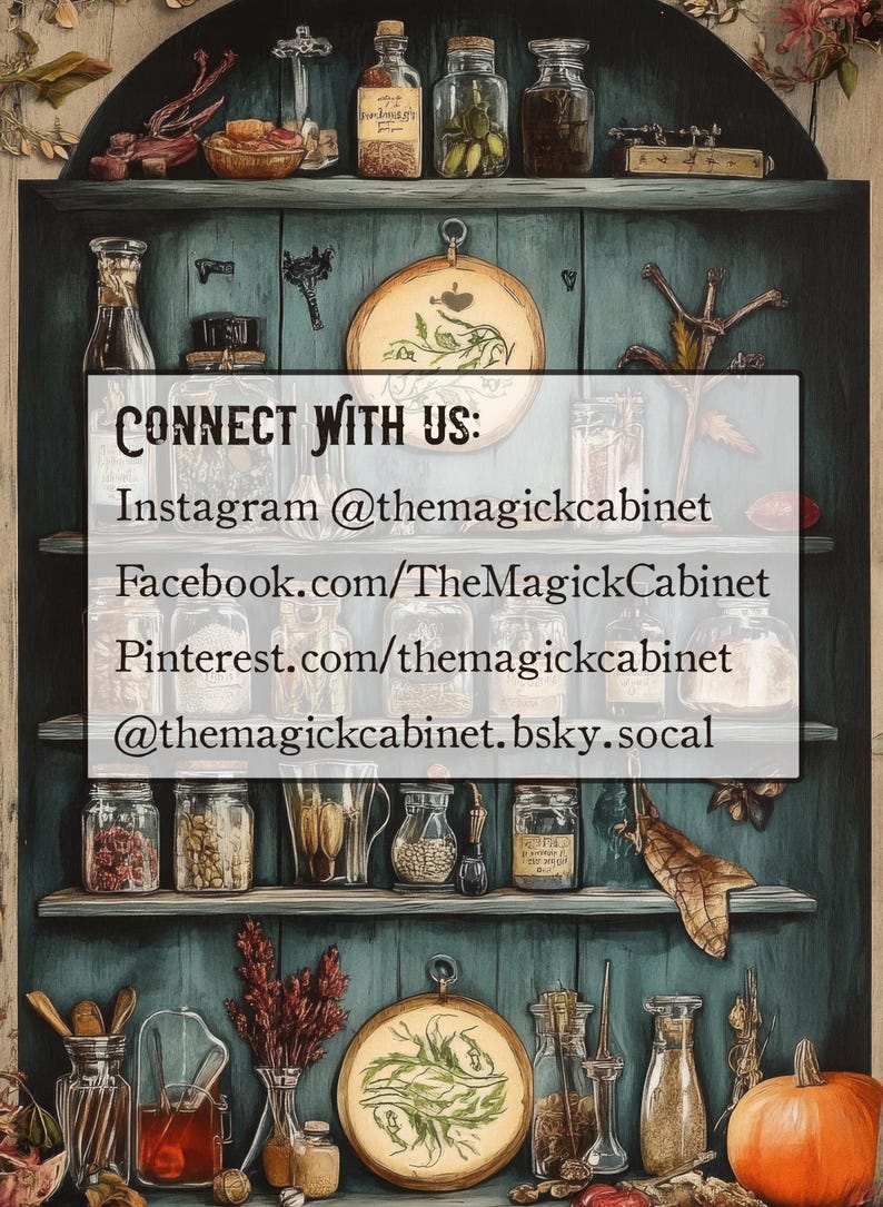 May include: A vintage wooden cabinet with multiple shelves filled with glass jars and bottles containing various herbs, spices, and other ingredients. The cabinet has a teal blue paint finish and a sign that reads "CONNECT WITH US: Instagram @themagickcabinet Facebook.com/TheMagickCabinet Pinterest.com/themagickcabinet @themagickcabinet.bsky.socal"