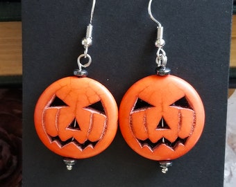 Howlite Jack-o-Lantern Earrings with Hematite beads for All Hallows, Halloween Jewelry, Samhain Gifts, Witch