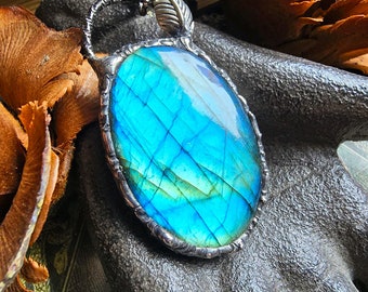 Stunning Blue Labradorite Pendant to Promote Confidence, Clairvoyance, Intuition and Psychic Powers. Tiffany Technique Jewelry Gifts for Her