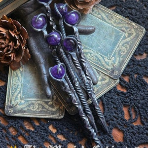 Amethyst Crystal Candle Scribe, Twisted Hand Forged Fancy Iron Witches scribe expertly crafted and unique Witchcraft Supplies for your Witch image 3