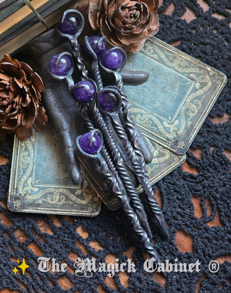 Amethyst Crystal Candle Scribe, Twisted Hand Forged Fancy Iron Witches scribe expertly crafted and unique Witchcraft Supplies for your Witch image 3