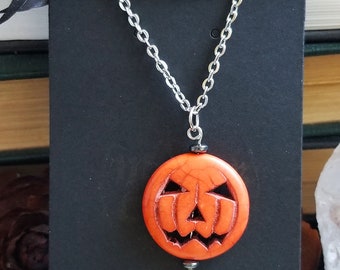 Howlite Jack-o-Lantern Necklace with Hematite beads for All Hallows, Halloween Jewelry, Gift for your Ghoul Friend