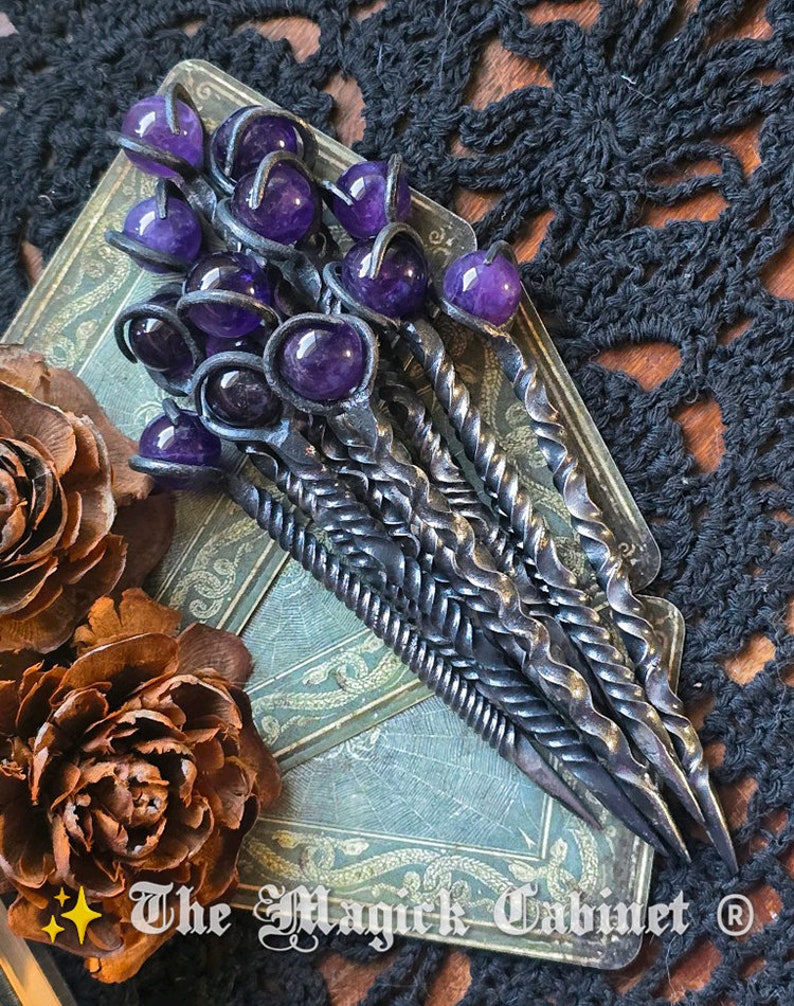 Amethyst Crystal Candle Scribe, Twisted Hand Forged Fancy Iron Witches scribe expertly crafted and unique Witchcraft Supplies for your Witch image 5