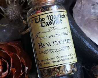 Bewitched Incense for your Magick and Witchcraft Rituals, Hand blended natural resin incense in a Glass Bottle with a Cork. Witch Approved.
