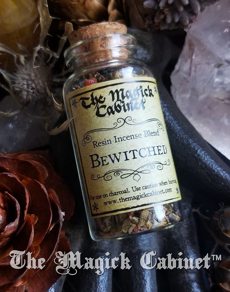 Bewitched Incense for your Magick and Witchcraft Rituals, Hand blended natural resin incense in a Glass Bottle with a Cork. Witch Approved. image 1