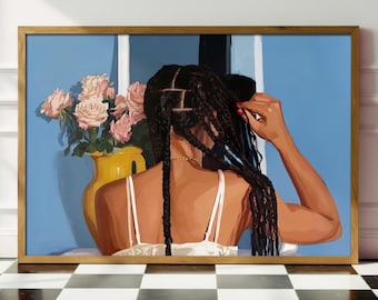 Retrato contemporáneo / Arte mural figurativo moderno / Cabello negro / Lámina artística / Elementos florales