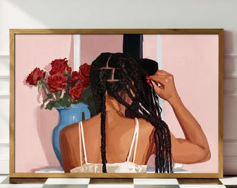 Retrato contemporáneo / Arte mural figurativo moderno / Cabello negro / Lámina artística / Elementos florales