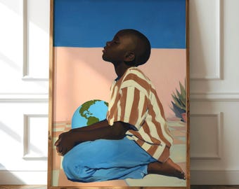 El mundo entero - Impresión artística de retrato moderno, decoración de pared contemporánea y conmovedora, obra de arte de un niño negro