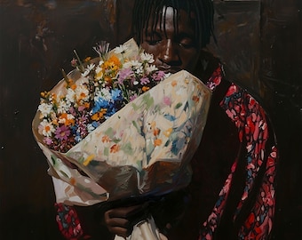 Oferta de licitación: Arte contemporáneo de la cultura negra con flores / Decoración de pared con retratos modernos / Obra de arte imprimible