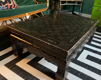 Baker Chinoiserie Black Panted Coffee Table With Greek Key Design and Scrolls
