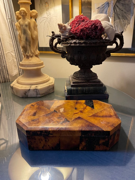 1930s Patchwork Burl Veneer Geometric Box