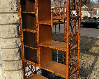 Late 19th Century Scorched Tortoise Bamboo Etagere Bookcase W/ Glass Front