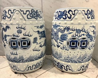 Mid 20th Century Blue & White Chinese Dragon Garden Stool Side Tables - A Pair