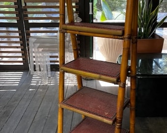 Mid 20th Century Mid-Century Century Bamboo and Rattan Folding Four Step Tier Bookcase or Display Shelf