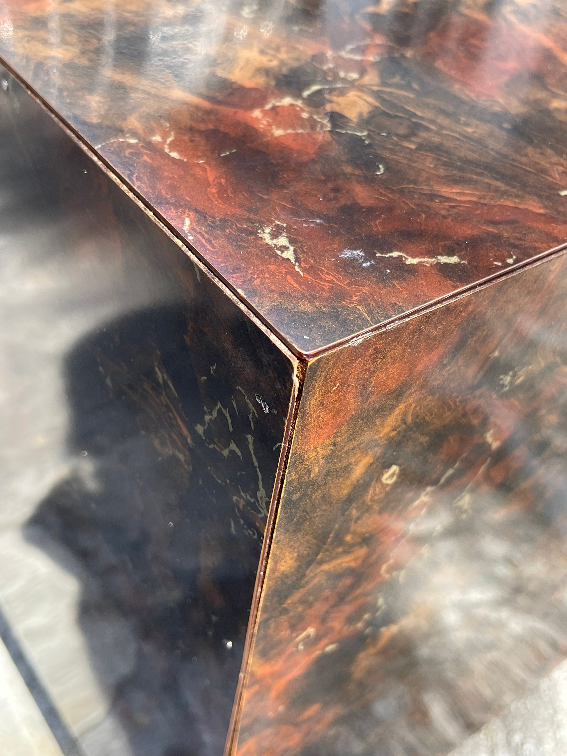 Faux Burlwood Laminate Plinth Side Table in the Manner of Milo Baughman ...