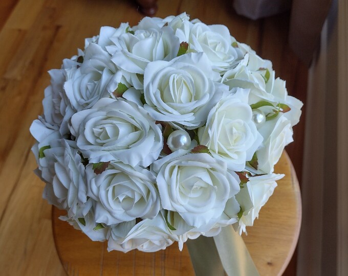 Antique White Rose Bouquet with Pearl Accents