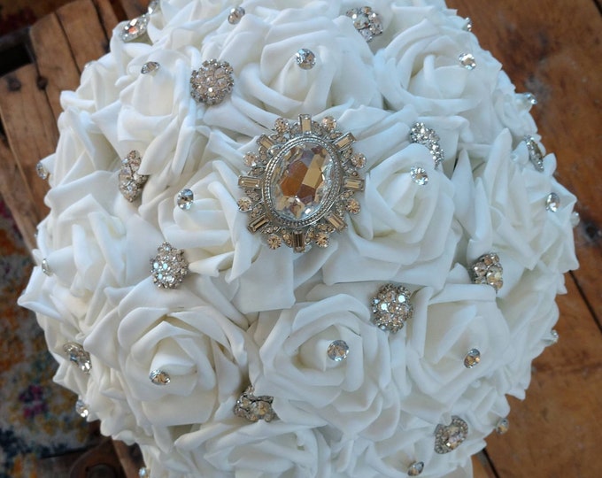 White Crystal Rose Brooch Bridal Bouquet
