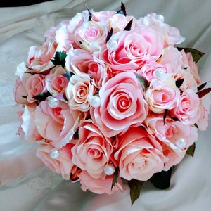 Soft Pink Rose Bouquet with Rhinestone Encrusted Pearls