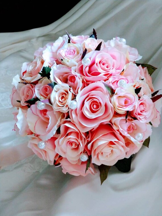 Soft Pink Rose Bouquet With Rhinestone Encrusted Pearls - Etsy