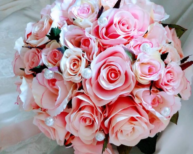 Soft Pink Rose Bouquet with Rhinestone Encrusted Pearls
