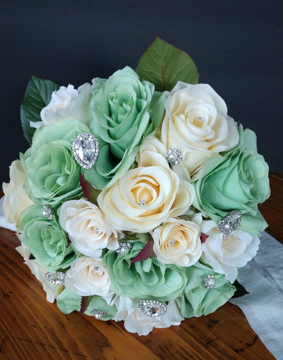 Wedding Flowers in Mint Green & Ivory Roses-Bridal Teardrop Bouquet-New for 2017 