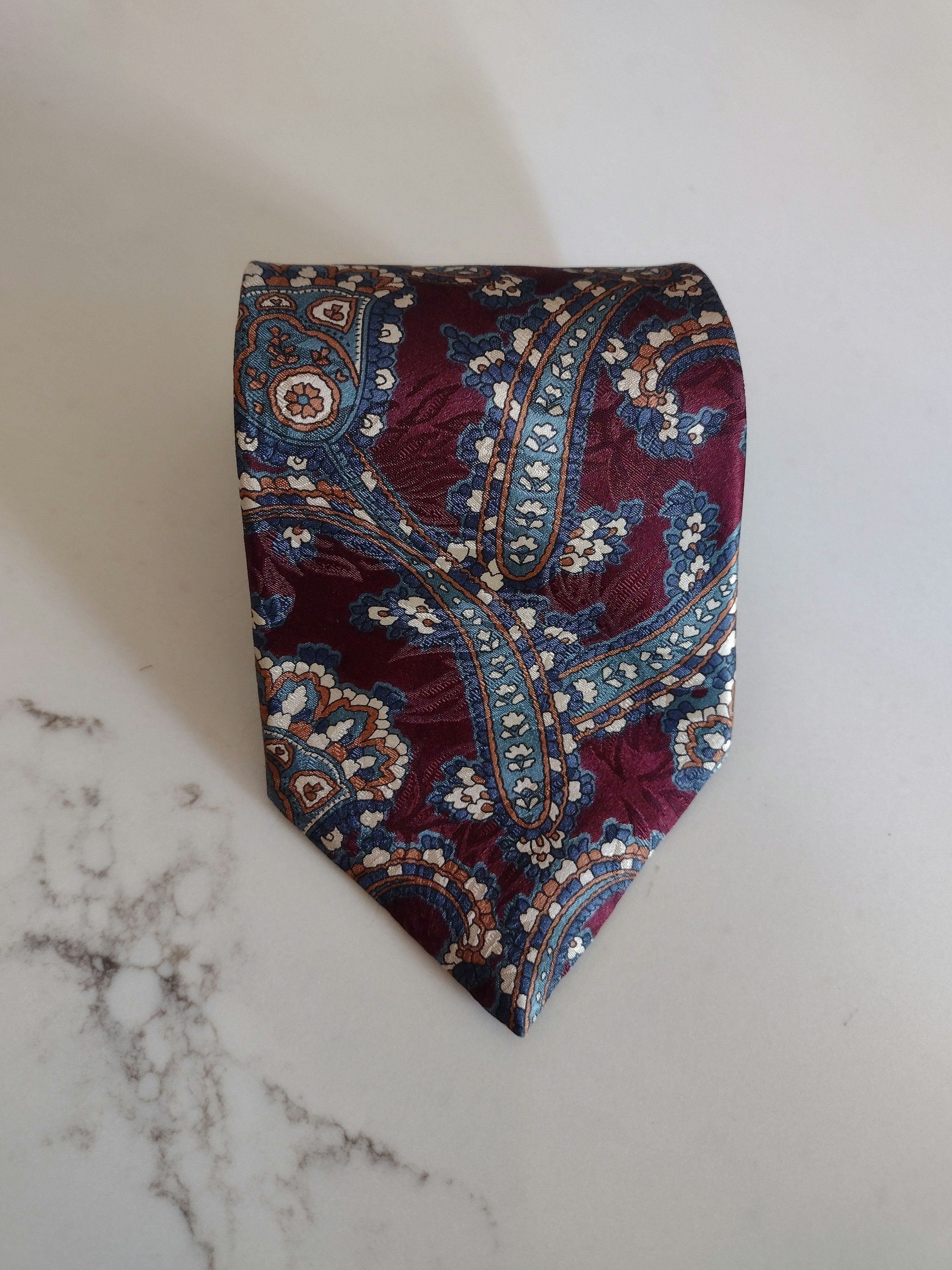 Vintage Je Suis Silk Tie. Burgundy/Slate Blue/Tan & Beige Botanical Paisley Tie.
