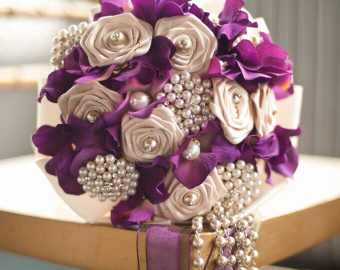 Plum Hydrangea and Ivory Satin Rose Wedding Bouquet