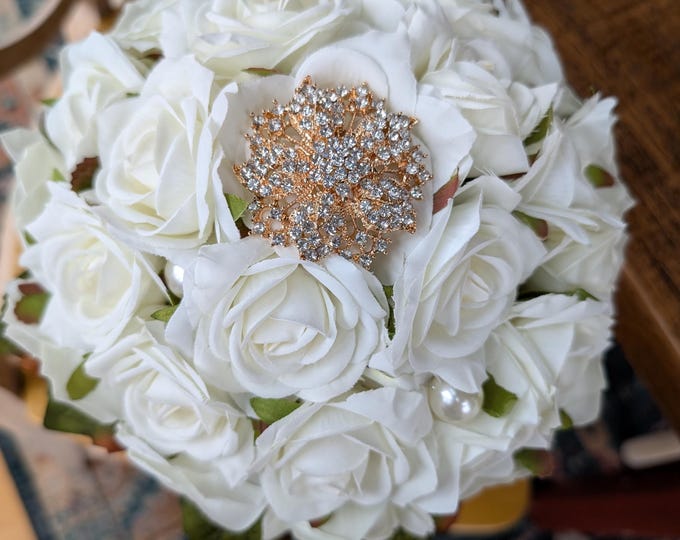 Antique White Rose Bouquet with Pearl Accents