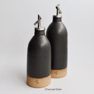 Olive Oil Dispenser Handmade Basic Ceramic Bottle Vinegar salad dressing container Kitchen Storage unglazed Pottery Charcoal Satin