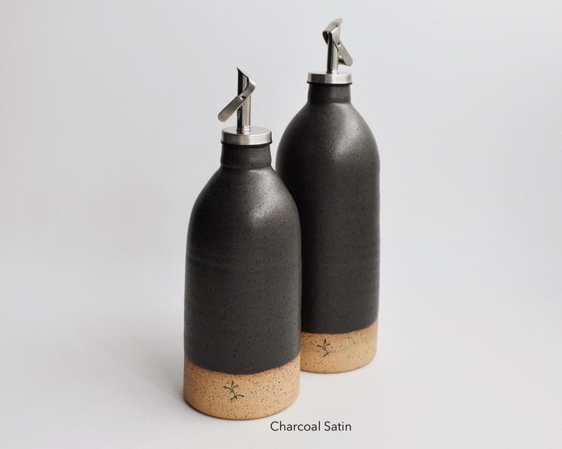 Olive Oil Dispenser Handmade Basic Ceramic Bottle Vinegar salad dressing container Kitchen Storage unglazed Pottery Charcoal Satin