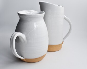 Large pitcher. White pitcher, Handmade pitcher, handmade pottery, one-of-a-kind pottery. Modern pottery & serve ware.  open shelving