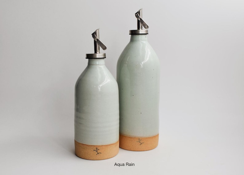 Olive Oil Dispenser Handmade Basic Ceramic Bottle Vinegar salad dressing container Kitchen Storage unglazed Pottery Aqua