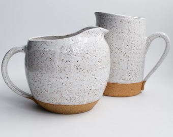 ceramic pitcher. White speckled pitcher, Handmade pitcher, handmade pottery, one-of-a-kind pottery. Modern pottery & serve ware.