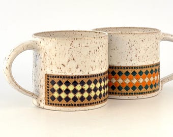 Handmade Pottery Mug. One of a kind handcrafted ceramics coffee mug textured pottery that is functional art colorful and fun geometric tiles
