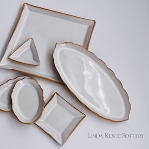 Handmade Pottery Plate: White Glaze Brown Clay Catchall Tray