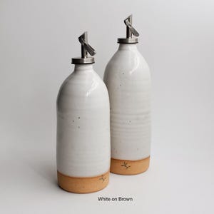 Olive Oil Dispenser Handmade Basic Ceramic Bottle Vinegar salad dressing container Kitchen Storage unglazed Pottery White on Brown