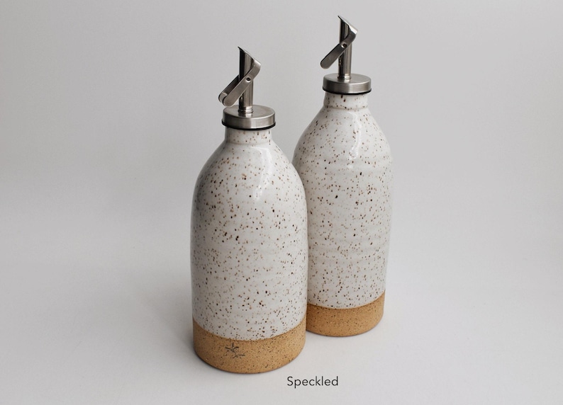 Olive Oil Dispenser Handmade Basic Ceramic Bottle Vinegar salad dressing container Kitchen Storage unglazed Pottery Speckled White