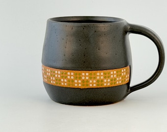 Handmade Pottery Mug. One of a kind handcrafted ceramics coffee mug textured pottery that is functional art colorful and fun geometric tiles