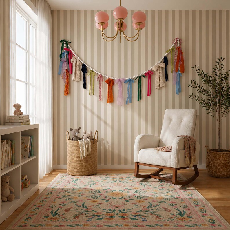 May include: A child's room featuring a cream rocking chair, a floral patterned rug, and a woven basket with soft toys. A garland of colourful ribbons and a pink chandelier adorn the striped wall. A bookshelf and a potted plant complete the scene.