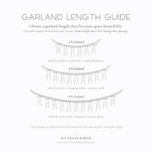 May include: A garland length guide showing 122 cm, 183 cm, and 244 cm garlands. Text includes "Choose a garland length that fits your space beautifully." and "Ideal for shelves, crib rails, small wall spaces."