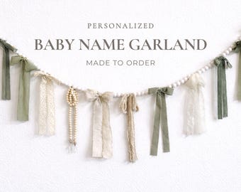 Personalized Baby Name Garland • Neutral Nursery Decor • Custom Baby Shower Gift • New Mom Gift • Handmade Bow Garland Wall Hanging