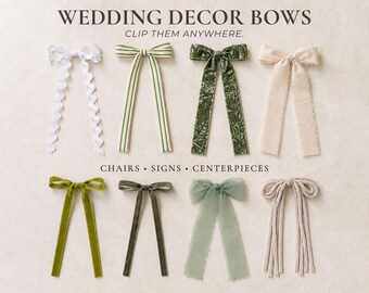 Wedding Chair Bows • Green Velvet Bow Clip Set • Reception Decor Bows • Ceremony Decorations • Bridal Shower Decor Set of 8 Decorative Bows