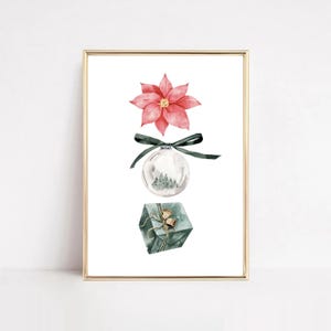 poinsettia christmas print: holiday ornaments wall art (Digital Download)