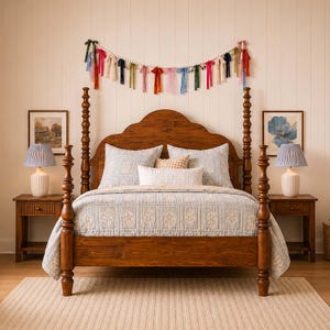 May include: A wooden four-poster bed with a patterned quilt. Two bedside tables with lamps are positioned on either side of the bed. A garland of colourful ribbons hangs above the bed, enhancing the bedroom's decor.