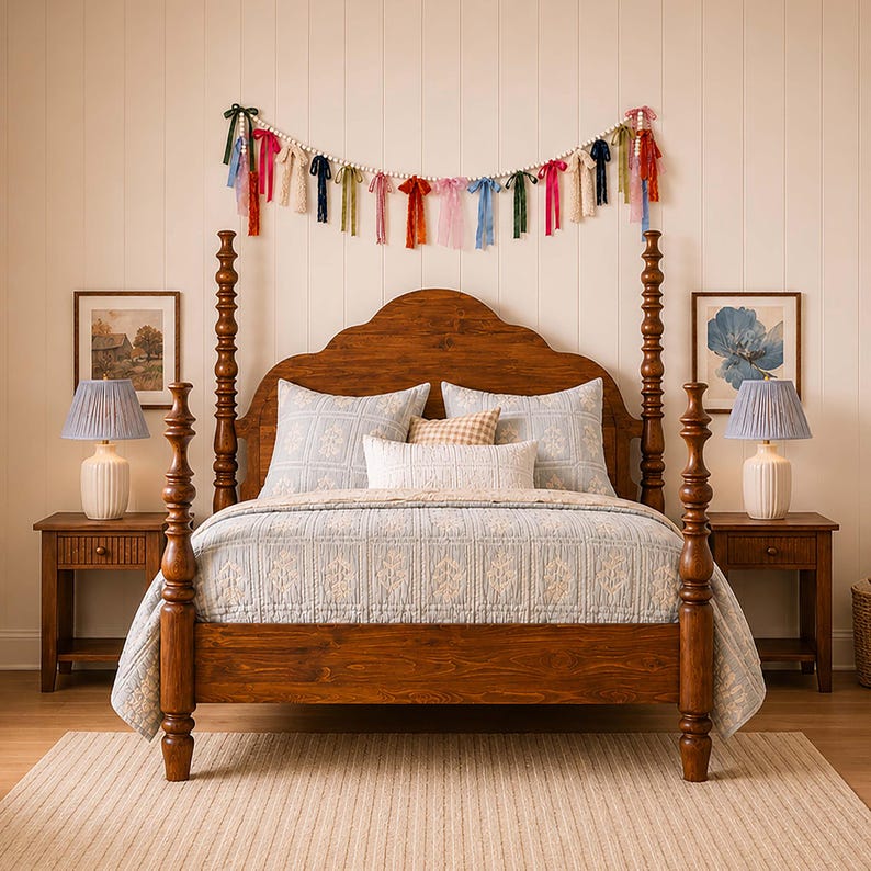 May include: A wooden four-poster bed with a patterned quilt. Two bedside tables with lamps are positioned on either side of the bed. A garland of colourful ribbons hangs above the bed, enhancing the bedroom's decor.